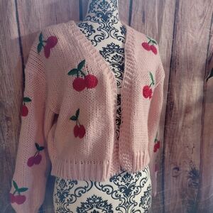 Charming Pink Cherry Cardigan Sweater